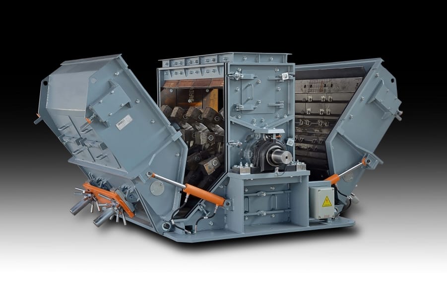 HMM Hammer Mill with hydraulically opened housing showing rotor and grinding walls