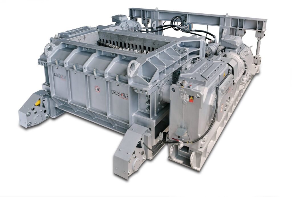 Crush+Size DRC 550-15 double roll crusher in a special grey paint finish, with direct drive and hydraulic overload protection